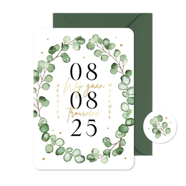 Trouwkaart stijlvol natuurlijk eucalyptus romantisch goud